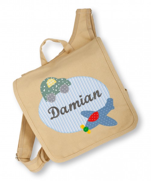 Kindergartentasche beige Damian Flugzeug mit Namen