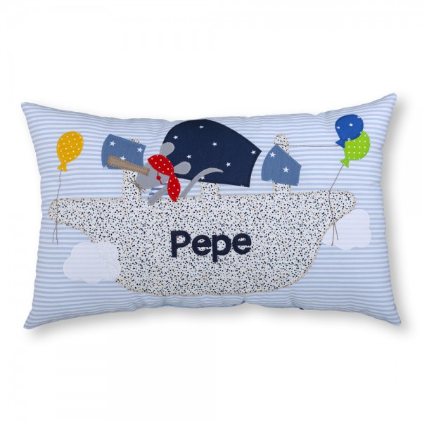 crepes suzette Kissen mit Name Pepe hellblau Piratenschiff